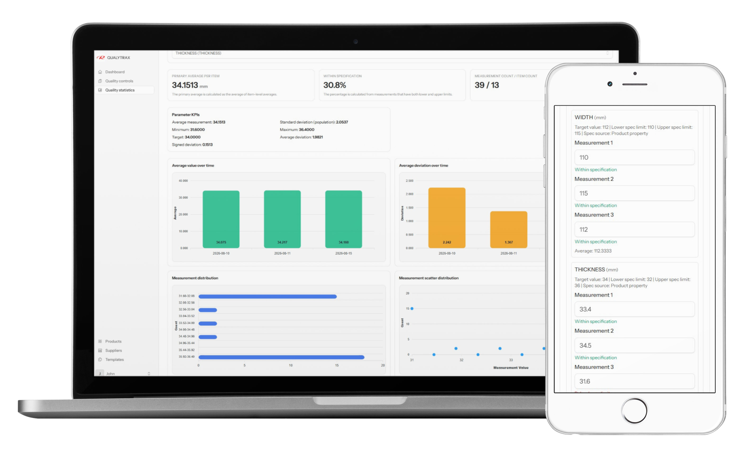 Quality control template and inspection analytics view on laptop and phone